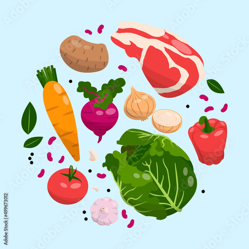 Borsch set of Ukrainian cuisine. Flat design vector illustration of beetroot, onion, cabbage, carrot, bell pepper, garlic, beef, potato, garlic, tomato, bean on blue background