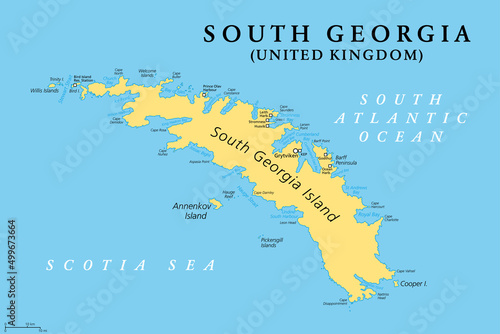 South Georgia, political map. Part of the British Overseas Territory of South Georgia and the South Sandwich Islands. Group of islands in the South Atlantic Ocean and Scotia Sea. Illustration. Vector.