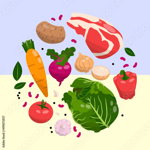 Borsch set of Ukrainian cuisine. Flat design vector illustration of beetroot, onion, cabbage, carrot, bell pepper, garlic, beef, potato, garlic, tomato, bean on the background of the flag of Ukraine