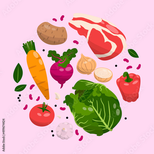 Borsch set of Ukrainian cuisine. Flat design vector illustration of beetroot, onion, cabbage, carrot, bell pepper, garlic, beef, potato, garlic, tomato, bean on lilac background