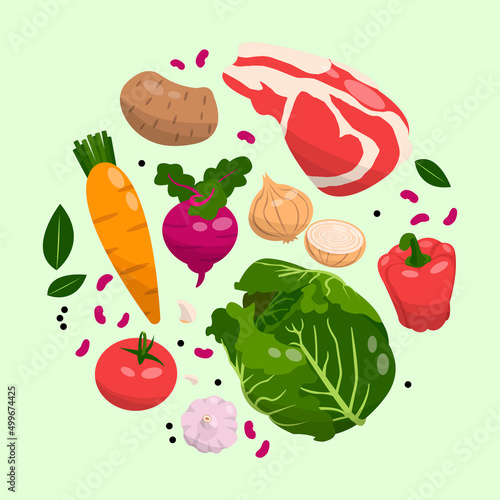 Borsch set of Ukrainian cuisine. Flat design vector illustration of beetroot, onion, cabbage, carrot, bell pepper, garlic, beef, potato, garlic, tomato, bean on green background