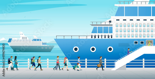 Tourists are loading their luggage on a cruise ship.
