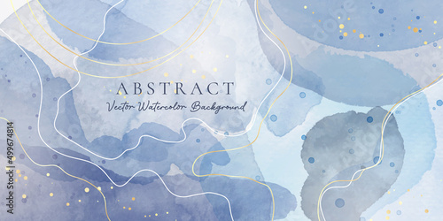 Navy blue and pastel grey liquid marble watercolor background with gold lines. Pastel elegant minimal modern canvas wallpaper with paint brush pattern. Vector illustration, watercolour design