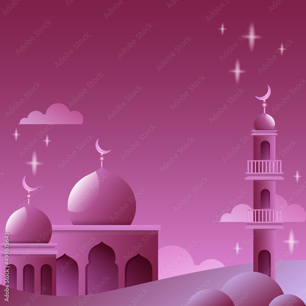 illustration mosque in night scene,  happy eid al fitr social media background.