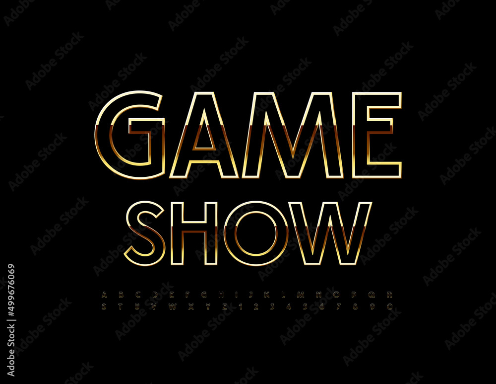 Vector luxury Sign Game Show. Modern Elegant Font. Golden Alphabet Letters and Numbers. Vector luxury Sign Game Show. Modern Elegant Font. Golden Alphabet Letters and Numbers.