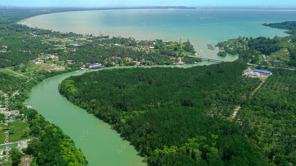 Aerial drone view of river estuary and seascape in Sedili Kecil, Johor, Malaysia