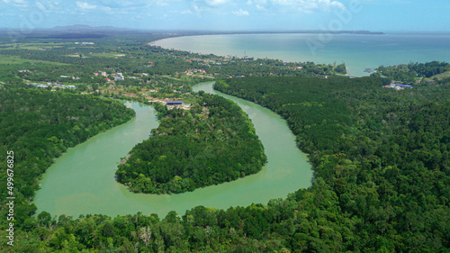 Aerial drone view of a river with mangrove swamp in Sedili Kecil, Johor, Malaysia
