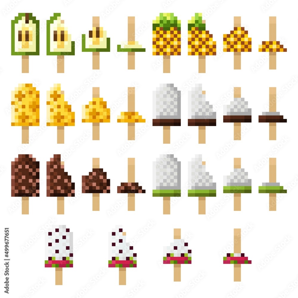 Fruit and vegetable Ice cream sticks pixel art set. Vector illustration. Fruit and vegetable Ice cream sticks pixel art set. Vector illustration.