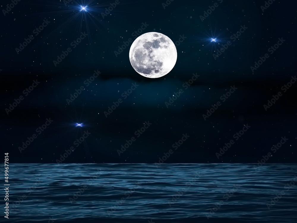 Fototapeta premium moon on starry sky bright dark shiny clear nebula star flares fall background copy space template