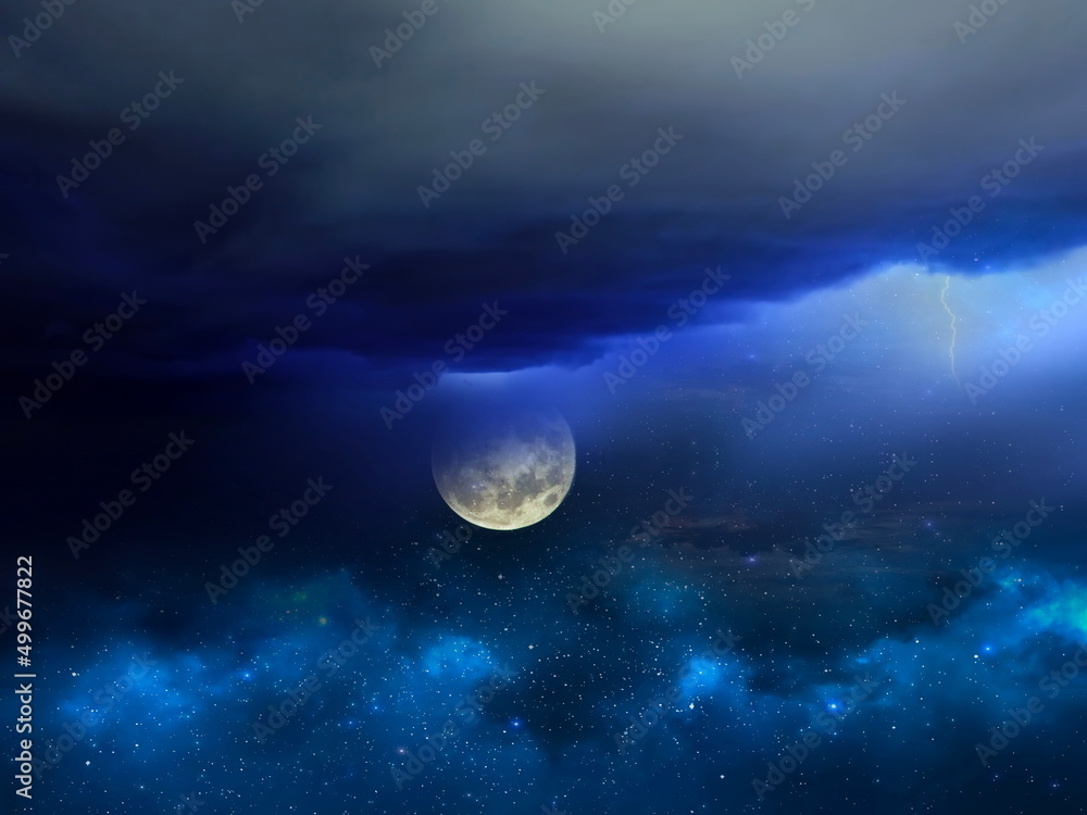 moon on starry sky bright dark shiny clear nebula star flares fall background copy space template moon on starry sky bright dark shiny clear nebula star flares fall background copy space template