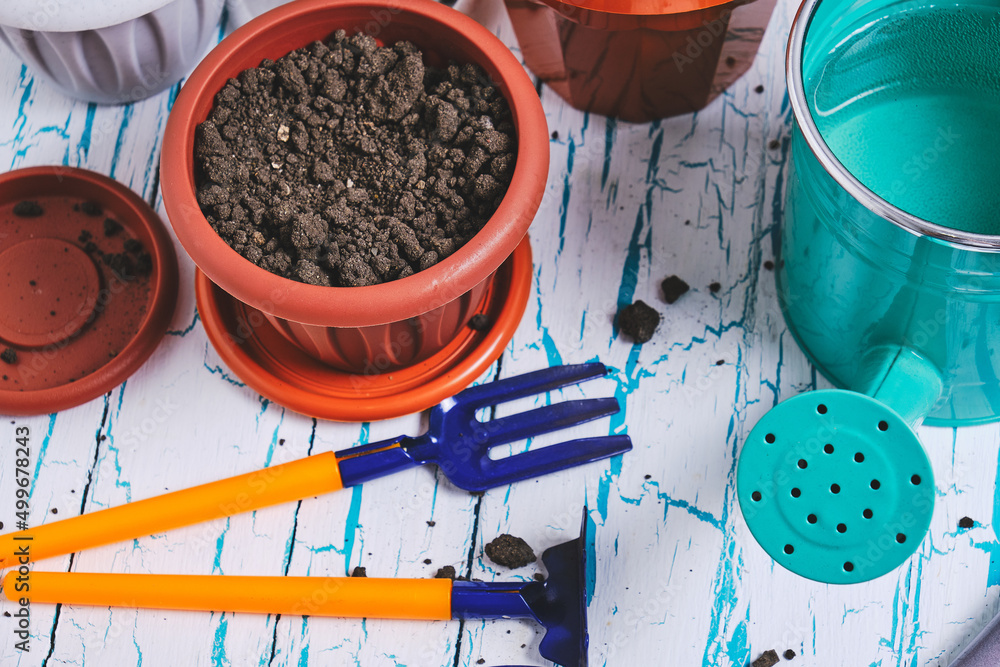 Flower pots, watering can and garden tools on a decorative wooden background.