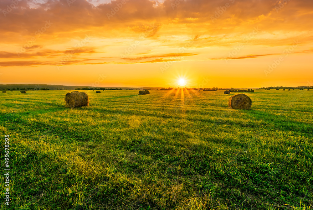 Obraz premium Scenic view at picturesque burning sunset in a green shiny field with hay stacks, bright cloudy sky , trees and golden sun rays, summer valley landscape