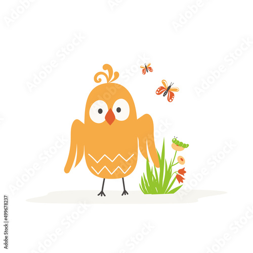 Cartoon bird with a grass bush with flowers on a white background. Vector illustration.