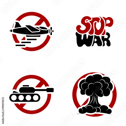 Stop war designs with missile bomb, airplane, explosion, isolated on white background. No more war sign concept icon.