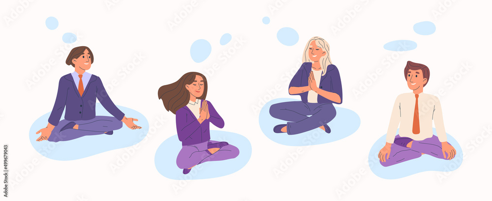 Meditating, relaxing business team, office people practicing yoga. Relaxed meditating office workers, calm business people vector symbols illustration. Peaceful office team Meditating, relaxing business team, office people practicing yoga. Relaxed meditating office workers, calm business people vector symbols illustration. Peaceful office team