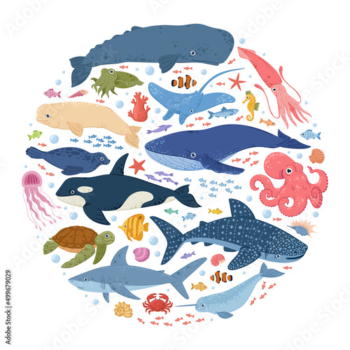 Cartoon ocean underwater animals, seahorse, medusa, whale and fish. Ocean wild life, sea animals round composition vector concept illustration. Marine fauna mascots