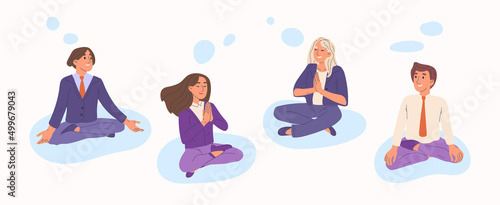 Meditating, relaxing business team, office people practicing yoga. Relaxed meditating office workers, calm business people vector symbols illustration. Peaceful office team