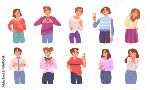 Happy people showing positive gestures, thumbs up and ok sign. Positive person communication gestures, hand heart and applause vector symbols illustrations set. Excited characters body language