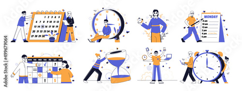 Time management, schedule organise, tasks planning characters. Office workers managing effective work schedule vector symbols illustrations set. Business process organising