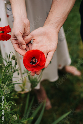 young couple holding a red poppy flower in the heart of which are engagement rings