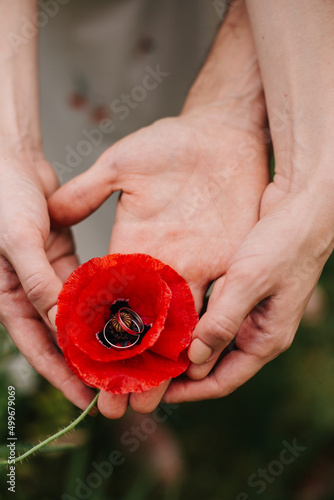 young couple holding a red poppy flower in the heart of which are engagement rings