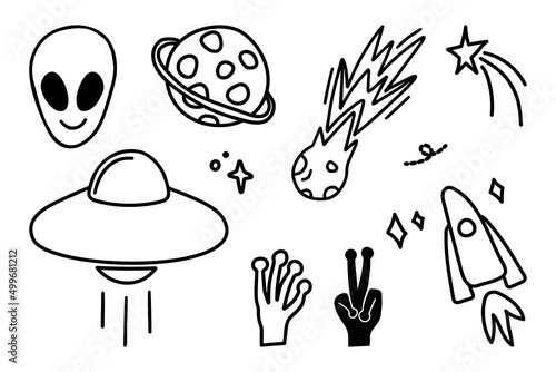Black and white lines set of icons with patches stickers with stars of alien UFO spaceships. Modern vector style mascot logo fashionable print on children's clothing T-shirt sweatshirt poster.