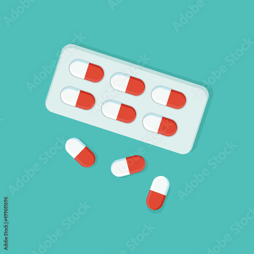 Packaging with medicines. Medical, therapeutic pills, capsules, tablets. Medicines, medications for treatment. Logo of pharmacy. Medical pills icon. Vector illustration