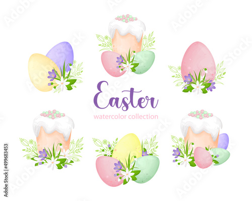 Easter set of watercolor Easter cakes and eggs