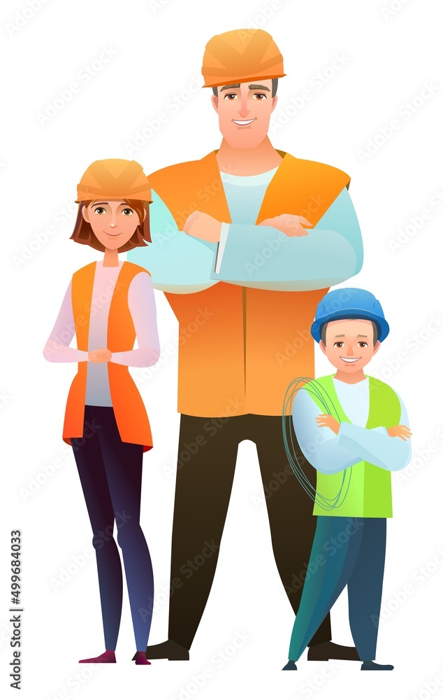 Man and woman and child son builder in vest and protective helmet. Cheerful person. Standing pose. Cartoon comic style flat design. Single character. Illustration isolated on white background. Vector Man and woman and child son builder in vest and protective helmet. Cheerful person. Standing pose. Cartoon comic style flat design. Single character. Illustration isolated on white background. Vector