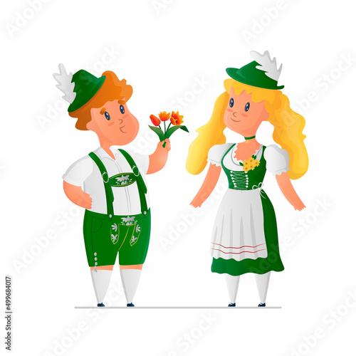 Vector cartoon isolated illustration with characters in traditional German, Bavarian costumes. A young man gives a woman bouquet of flowers, tulips. It can be used in web design, banners, etc.