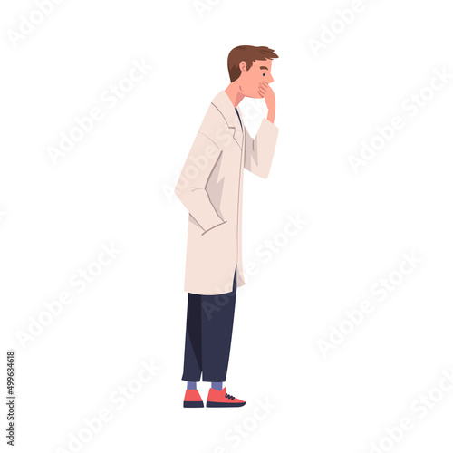 Man Scientist Character in White Coat Standing and Thinking Vector Illustration