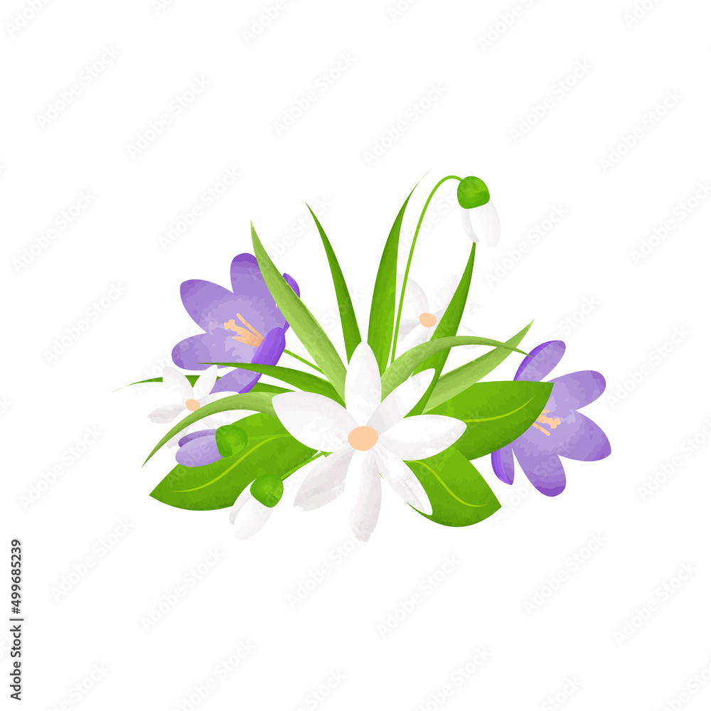 Watercolor spring bouquet of white and purple flowers
