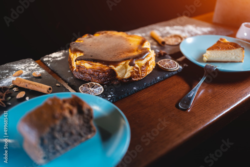 fresh crusty classic basque san sebastian cheesecake with cream cheese photo