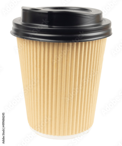Craft paper coffee cup isolated on white. Cardboard coffee to go, tea container with black plastic lid.