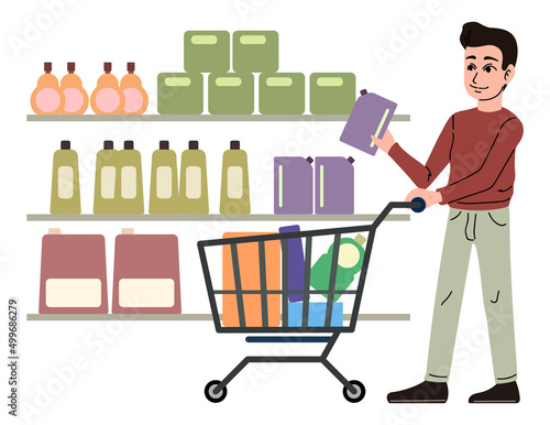 Man chooses goods in a store.  Customer with a cart full of products and goods.  Aisles with household chemicals in the supermarket. Vector illustration on a white background.
