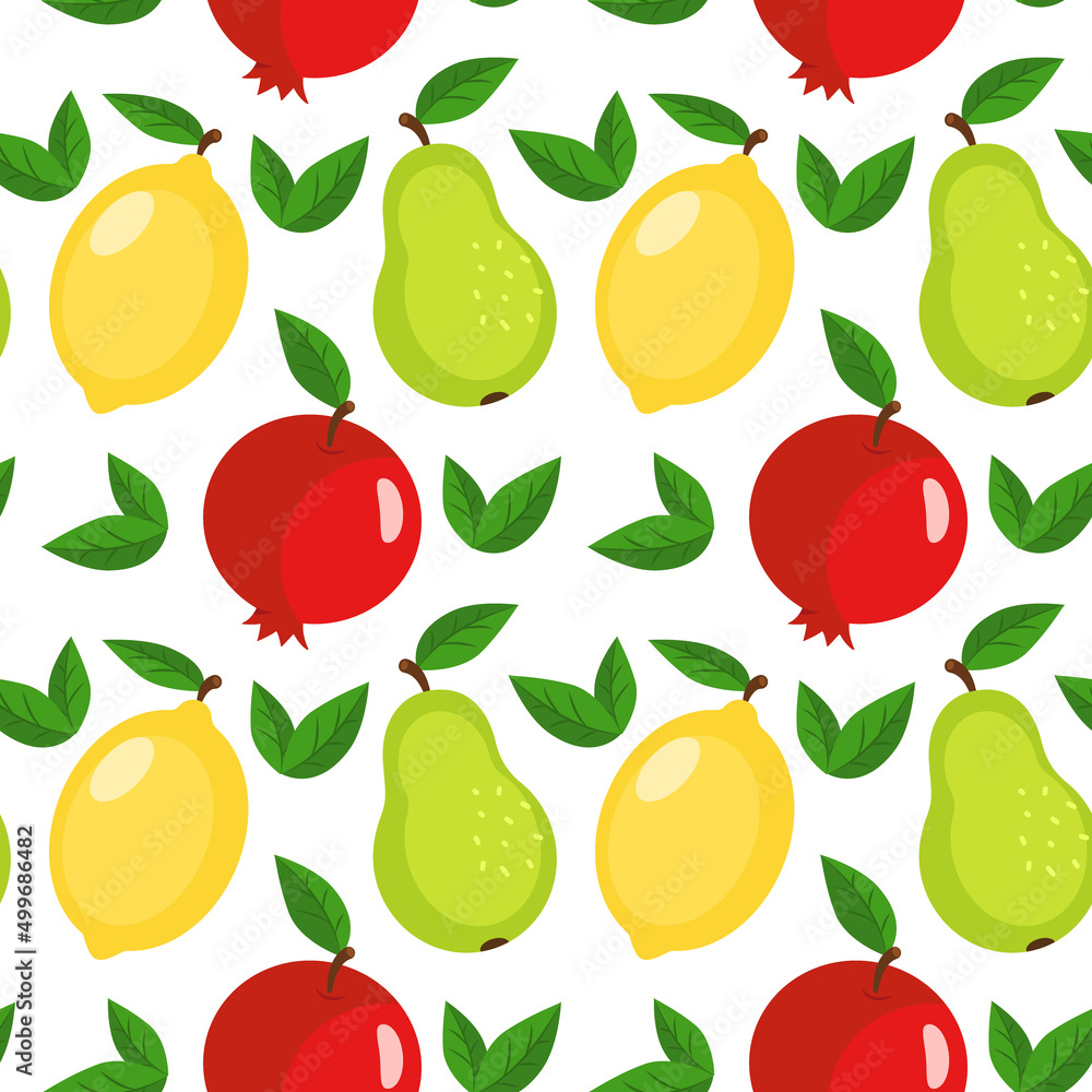 Fruit pattern with lemon, pear and pomegranate. Seamless pattern. Can be used for wallpaper, fill web page background, surface textures Fruit pattern with lemon, pear and pomegranate. Seamless pattern. Can be used for wallpaper, fill web page background, surface textures
