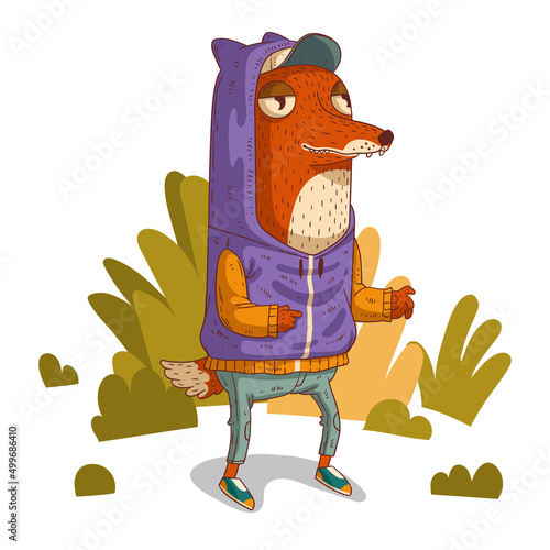 A hipster fox, vector illustration. Calm casually dressed anthropomorphic fox, standing still among the bushes and pointing at something with finger. An animal character with a human body.