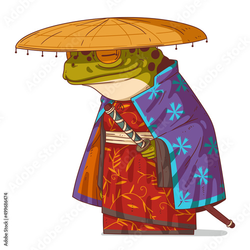 A Samurai, vector illustration. Calm anthropomorphic frog, wearing a beautiful patterned kimono and straw hat, keeping his sword in the scabbard. Humanized toad. An animal character with a human body.