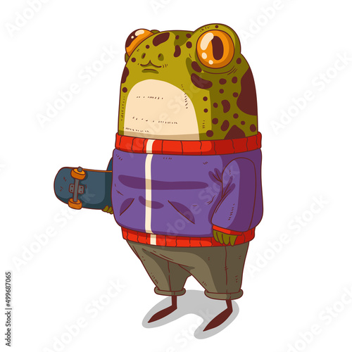 A skater frog, vector illustration. Young casually dressed anthropomorphic toad holding a skateboard. Cartoon illustration of chubby skateboarder froglet. An animal character with a human body.