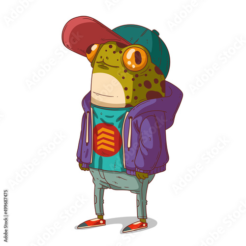 A hipster froglet, isolated vector illustration. Cool anthropomorphic frog guy wearing a casual outfit. Cartoon illustration of cute trendy dressed teenage toad. An animal character with a human body.