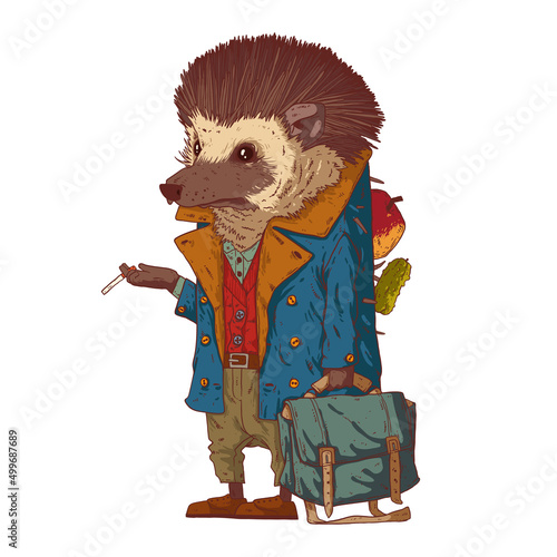 After a work day, vector illustration. Tired smoking anthropomorphic hedgehog in casual outfit, holding a bag and carrying an apple and a cucumber on his spines. An animal character with a human body.