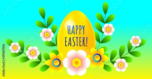 Greeting Easter horizontal card in vector with yellow Easter egg, flowers and an inscription Happy Easter! on gradient background.