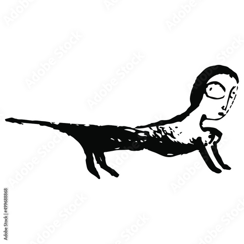 Fantastic cat woman. Weird animal. Hand drawn linear doodle rough sketch. Black silhouette on white background.