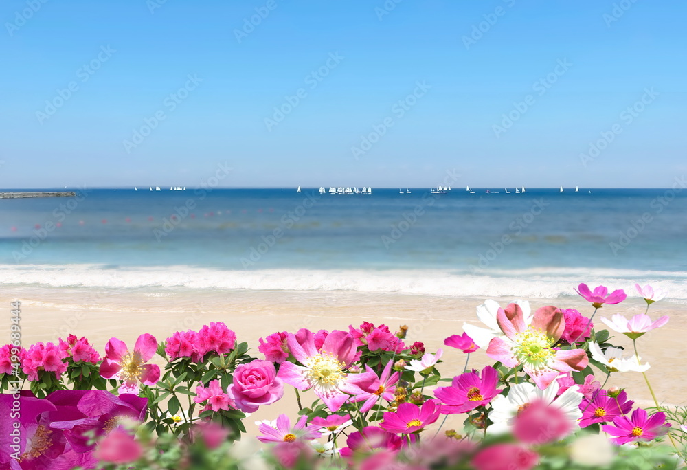 turquoise sea white sand and beautiful wild  pink yellow white red roses  flowers summer beach holiday background copy space template  