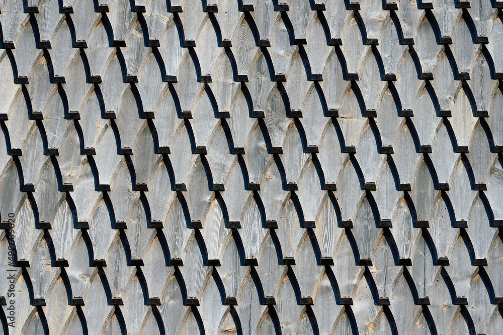 Fototapeta premium wooden roof tiles or shingel of Ringebu Stave Church, Oppland, Norway