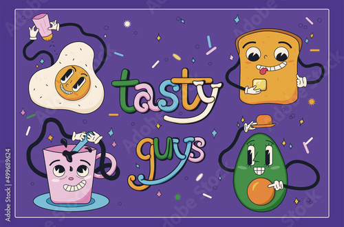 Set of funny retro cartoon characters in trendy cartoon style. Tasty guys with big cartoon eyes. Vector illustration of toast, egg, coffee cup, avocado. Set of comic elements.