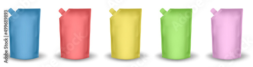 Set of doypack packaging with screw cap. Blank foil drink bags pouches with spout. Cosmetic refill pouches. Stand up doy pack mock up set: blue, red, yellow, green and pink