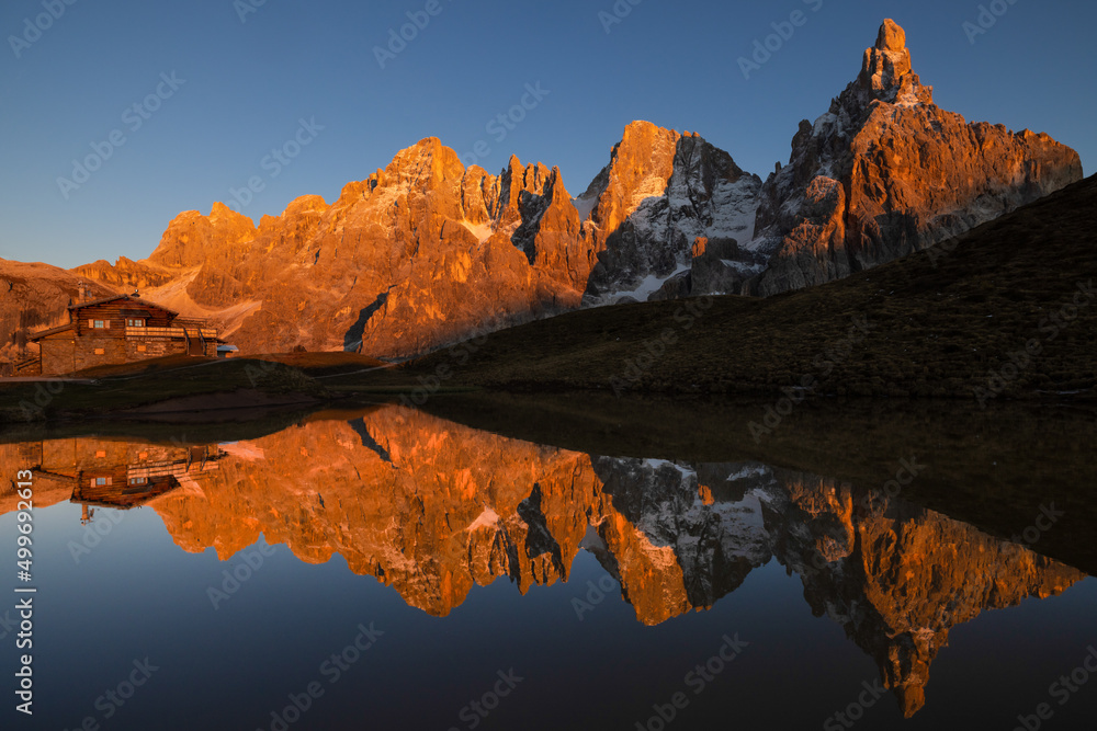 The Pala Group reflected on an ephimeral lake as seen from Passo Rolle at Sunset
