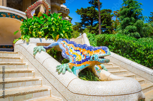 Konstfotografi Beautiful lizard fountain in public park Guell in Barcelona, Catalonia, Spain