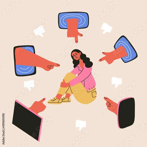 Cyber bullying and online abuse concepts. Upset. shame and crying woman take haters messages and dislike in social media. Flat vector illustration of internet problems, victim of mass media